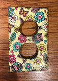 Handmade Fabric Owls, Butterflies and Flowers on Yellow Duplex Receptacle Electric Outlet Cover