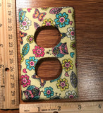 Handmade Fabric Owls, Butterflies and Flowers on Yellow Duplex Receptacle Electric Outlet Cover
