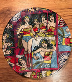 Handmade 8 inch Round Decorative Fabric Backed Wonder Woman Glass Plate 